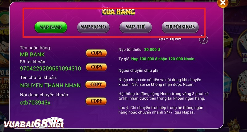 Cung cấp nhiều cách thức nạp tiền nhanh và chuẩn xác