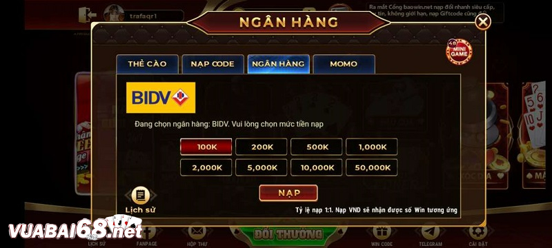 Nhấp chọn biểu tượng "+" để thực hiện thanh toán nạp