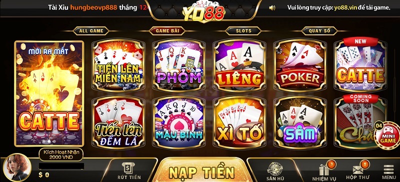 Sảnh game bài đa dạng của Yo88