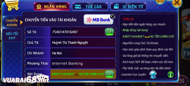 Chọn lựa 1 trong các phương thức thanh toán nạp tiền